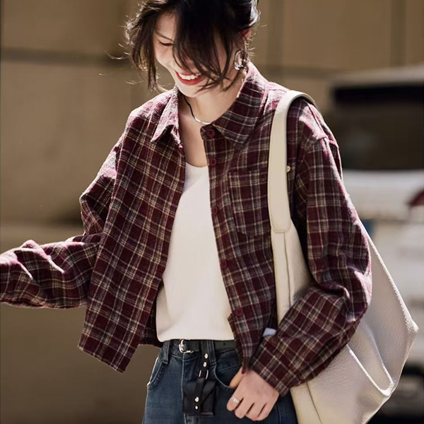 美式复古经典风女士外套女2025秋季新款宽松百搭长袖格纹翻领上衣