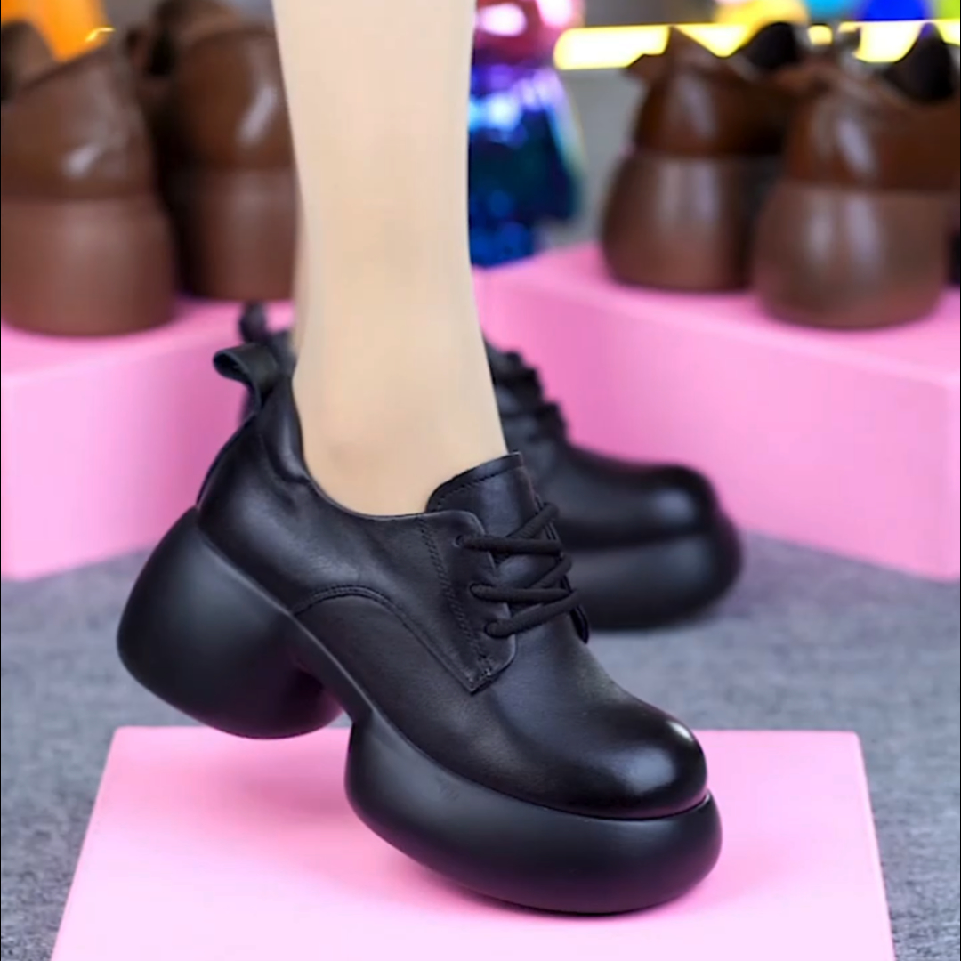 9898(低帮+高帮）真皮单鞋头层牛皮圆头厚底小个子增高百搭女鞋