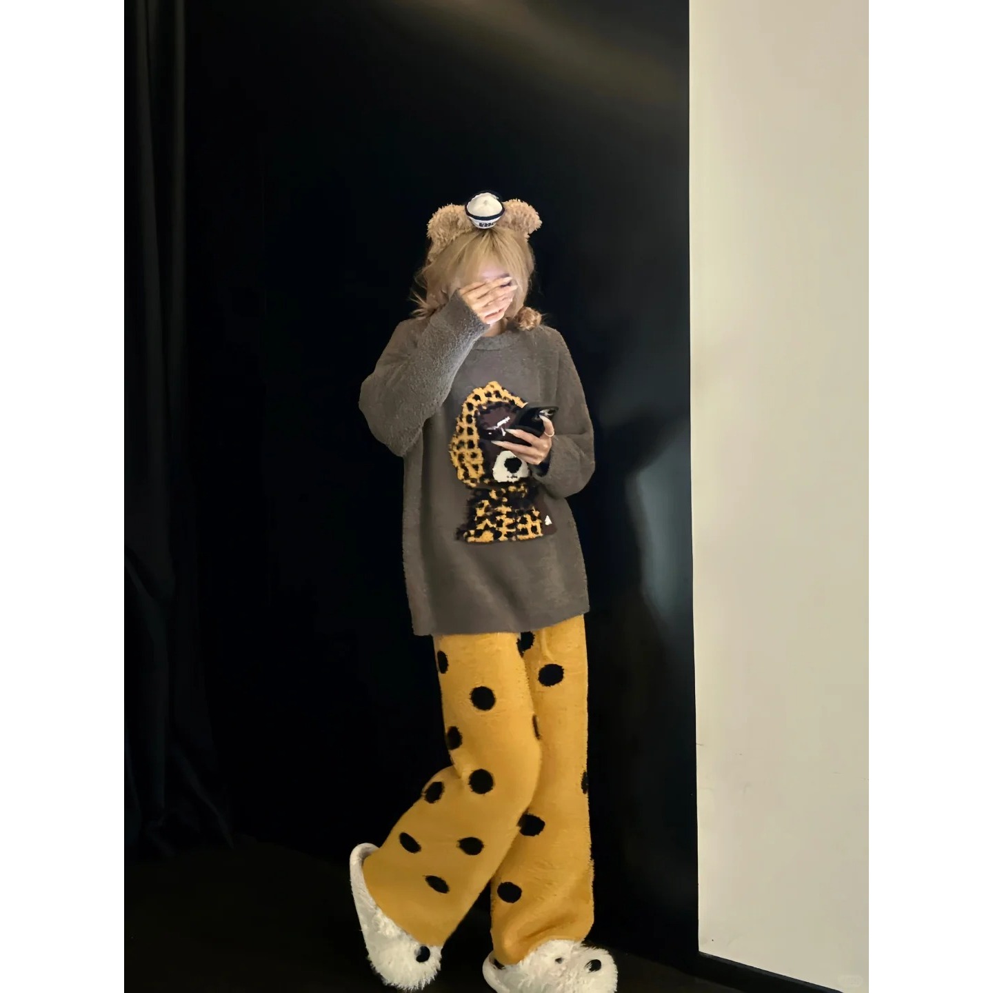 甜美卡通波点小狗半边绒睡衣女冬款保暖爆款长裤家居服套装可外穿