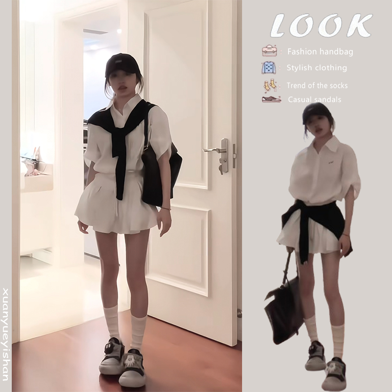 通勤穿搭女夏季一整套2025新款气质衬衫休闲风披肩辣妹短裙三件套