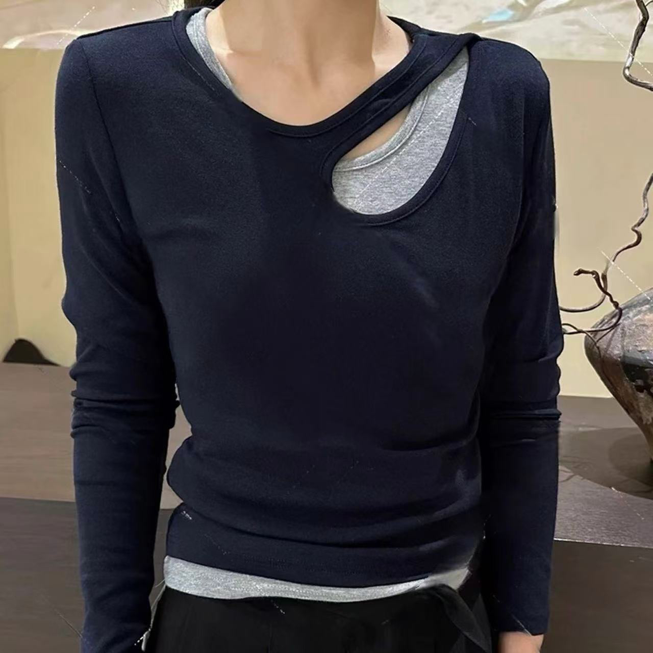 欧货轻熟镂空假两件长袖2025早秋新款设计感修身女人衫