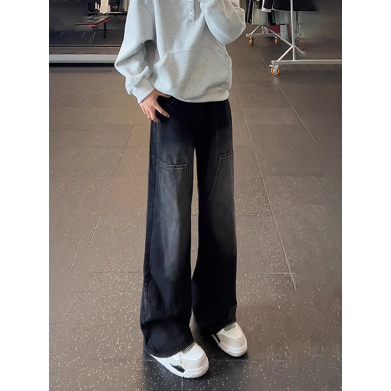 黑色水洗伐木牛仔裤男款春秋提裆裤子美式高街cleanfit直筒微喇裤