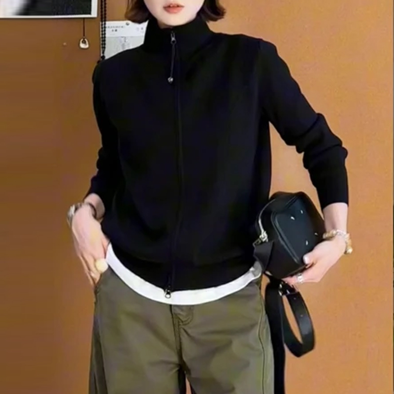 2025秋季洋气设计感双拉链立领显瘦百搭慵懒风针织开衫女士高级感