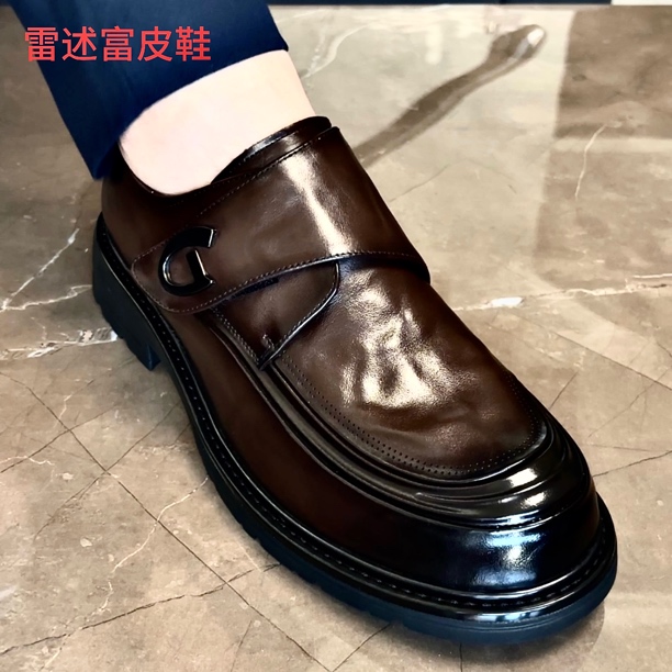 雷述富品牌男士透气舒适英伦风孟克鞋皮鞋头层牛皮休闲皮鞋纳帕纹
