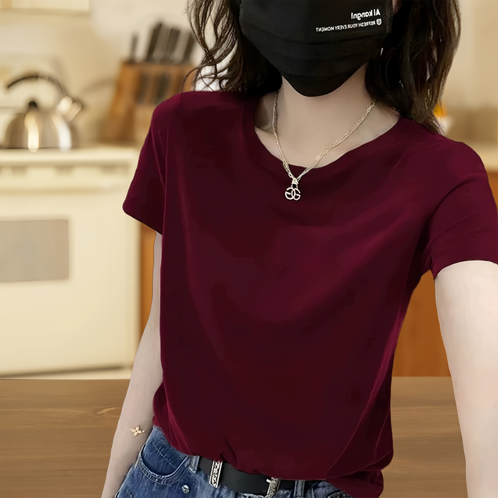 欧货酒红色2025新款纯棉短袖t恤女圆领宽松正肩显瘦遮肚子上衣潮