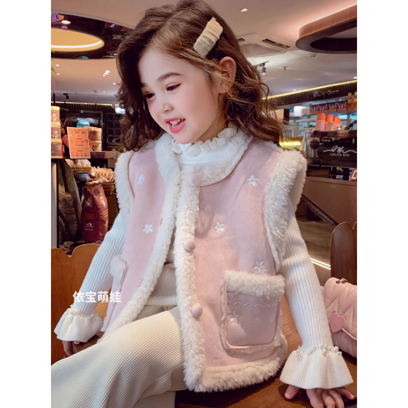 米米哈罗女童羊羔绒马甲冬装2025新款儿童仿皮草外套女孩马甲背心