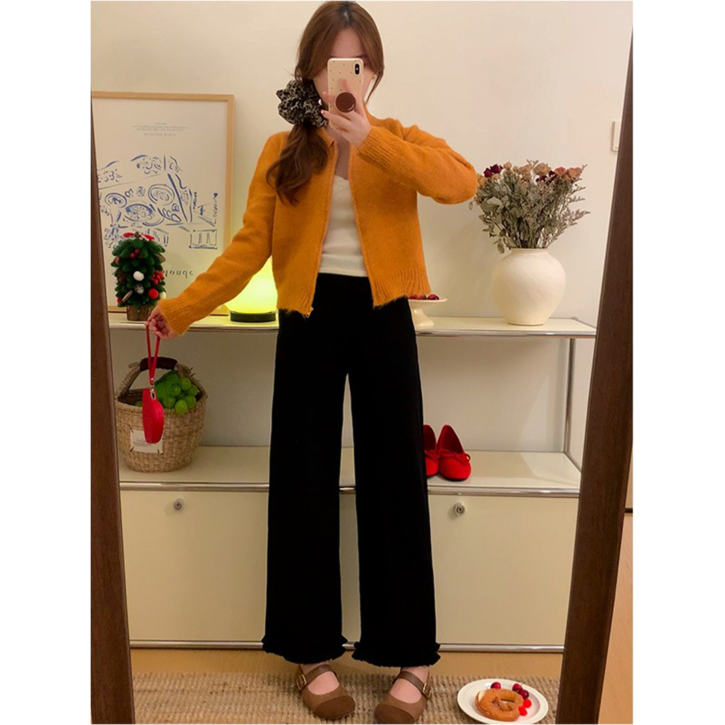 黑色花边休闲裤女秋冬加绒大码胖妹妹mm梨形报恩裤宽松显瘦阔腿裤