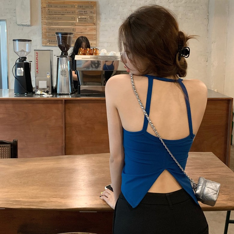 辣妹镂空露背吊带背心女固定胸垫一体杯修身显瘦运动外穿美背裹胸