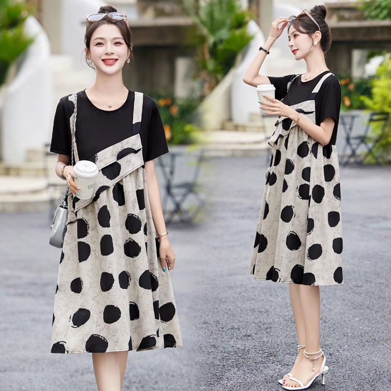 波点印花假两件背带连衣裙女2025夏季新款洋气减龄遮肚子显瘦裙子