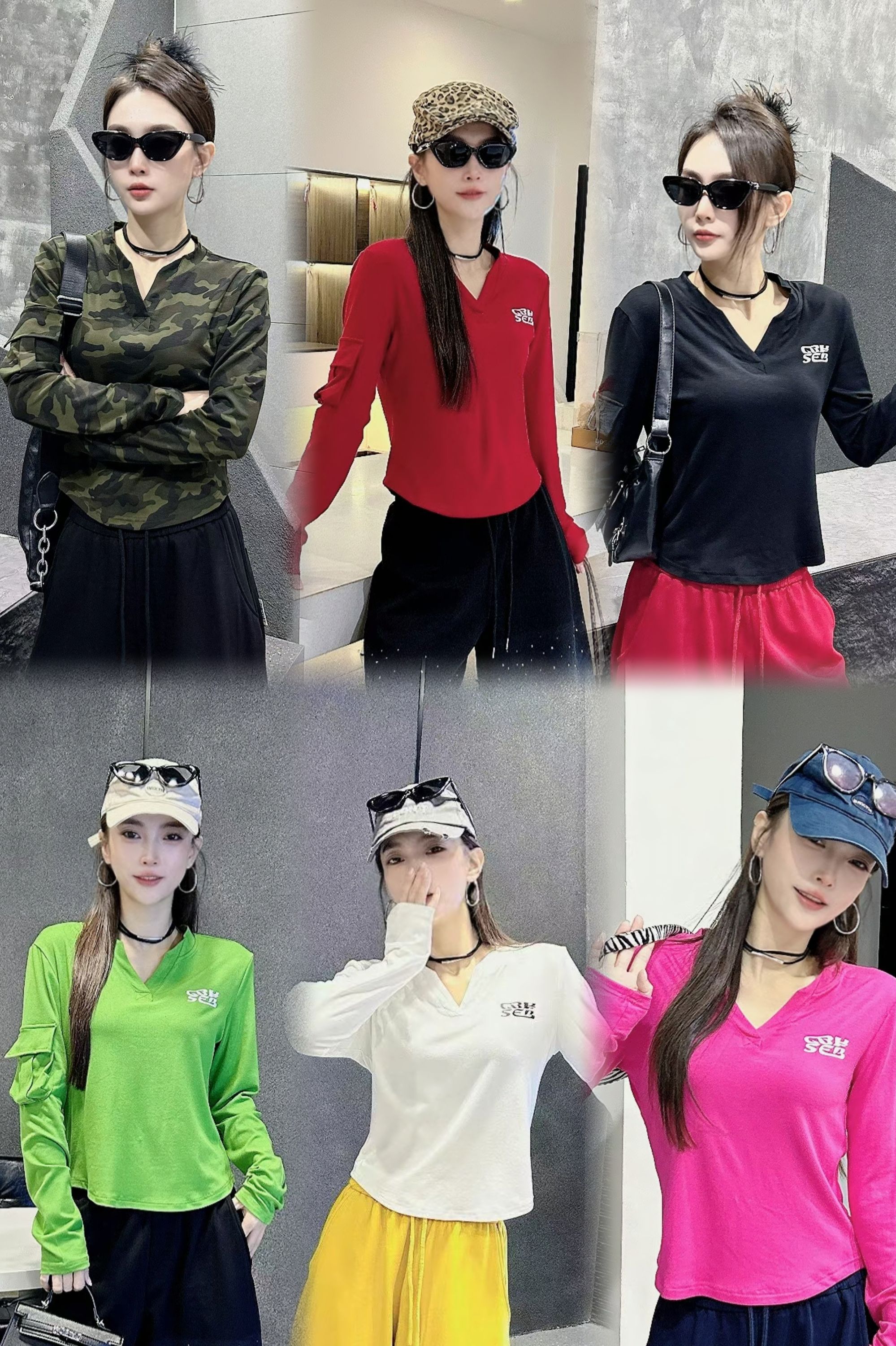 D3922迷彩莫代尔长袖字母V领T恤运动打底衫显瘦上衣