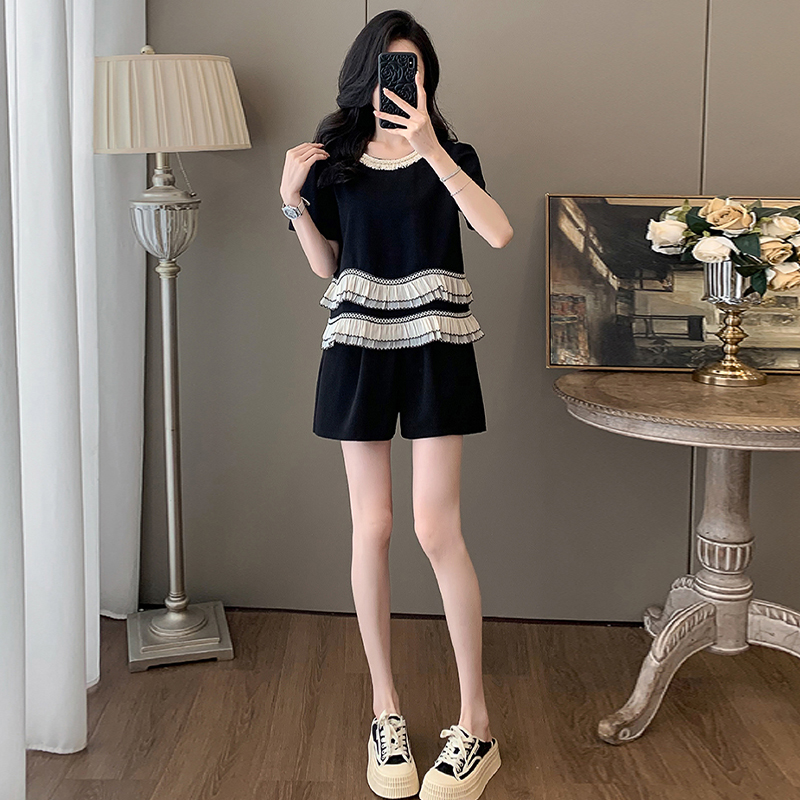 休闲大码胖mm套装女2025夏季新款韩版百搭宽松遮肉上衣短裤两件套
