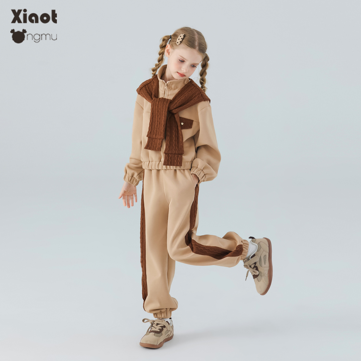 小童木 慵懒美拉德女童运动套装秋季新款女大童披肩卫衣收脚卫裤