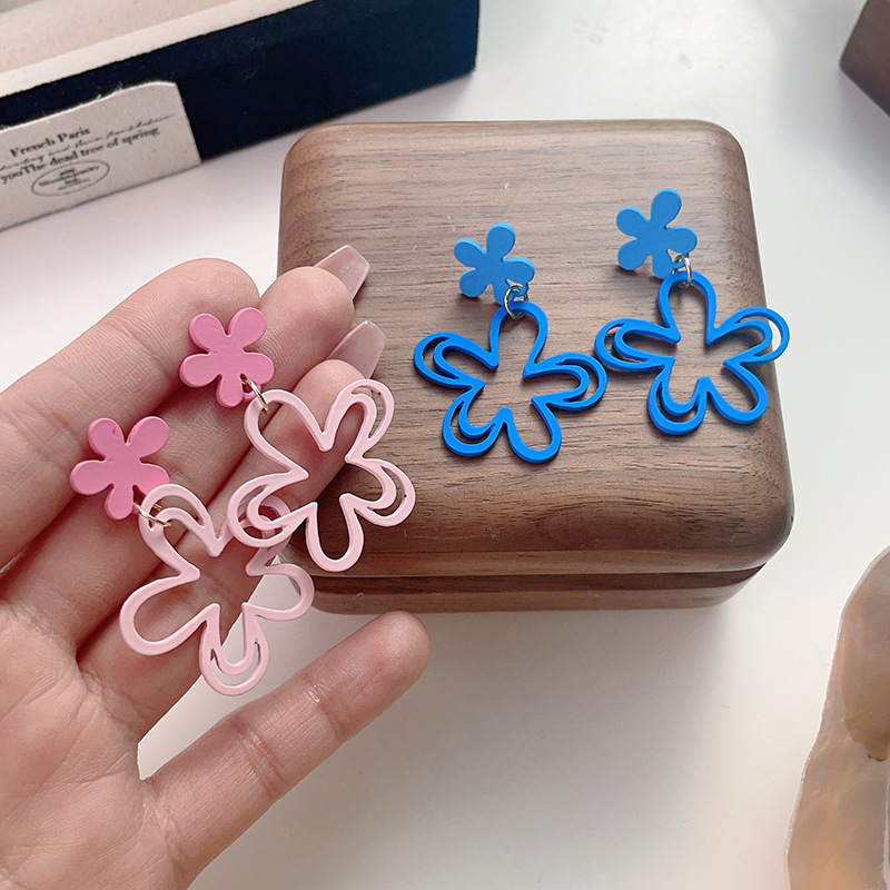 合金耳饰 海边度假风多巴胺镂空花朵耳环甜美冰透耳钉气质耳饰女