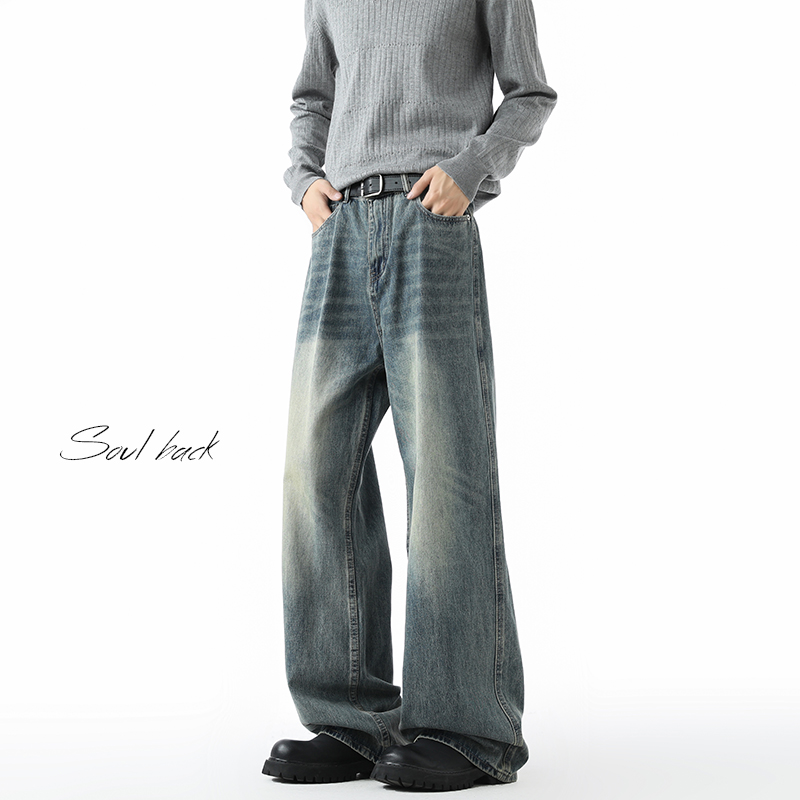 秋季新款美式复古牛仔裤男士潮牌猫须水洗宽松直筒裤垂感拖地长裤