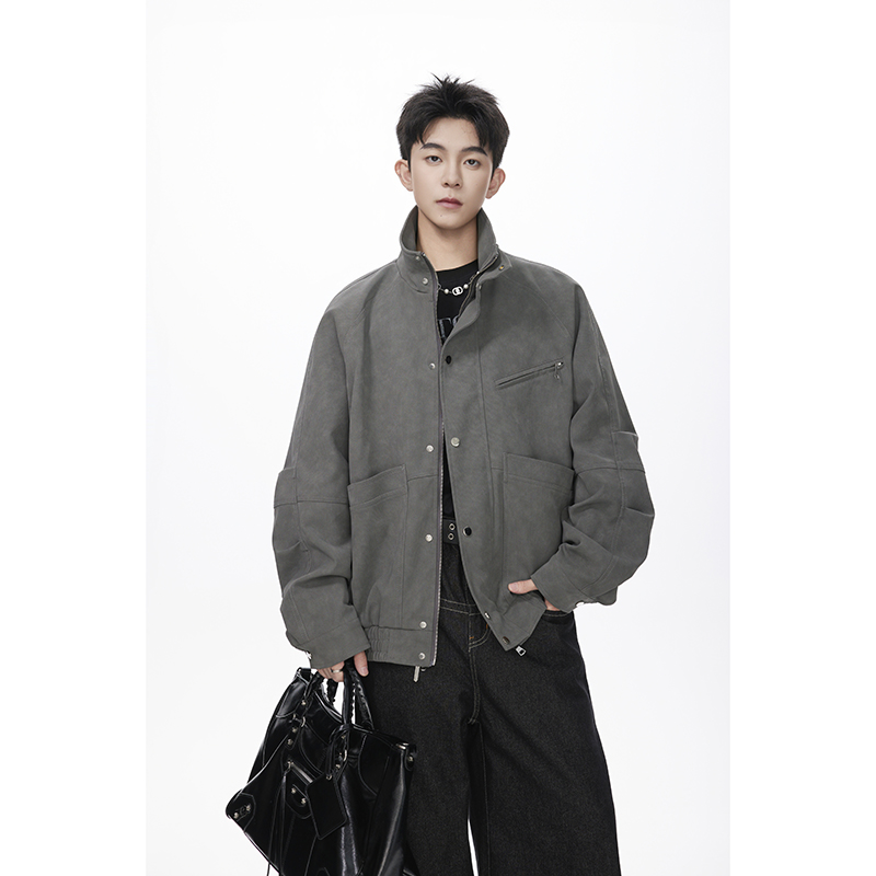 林社长2025秋装新款水洗皮宽松翻领皮夹克外套情侣装