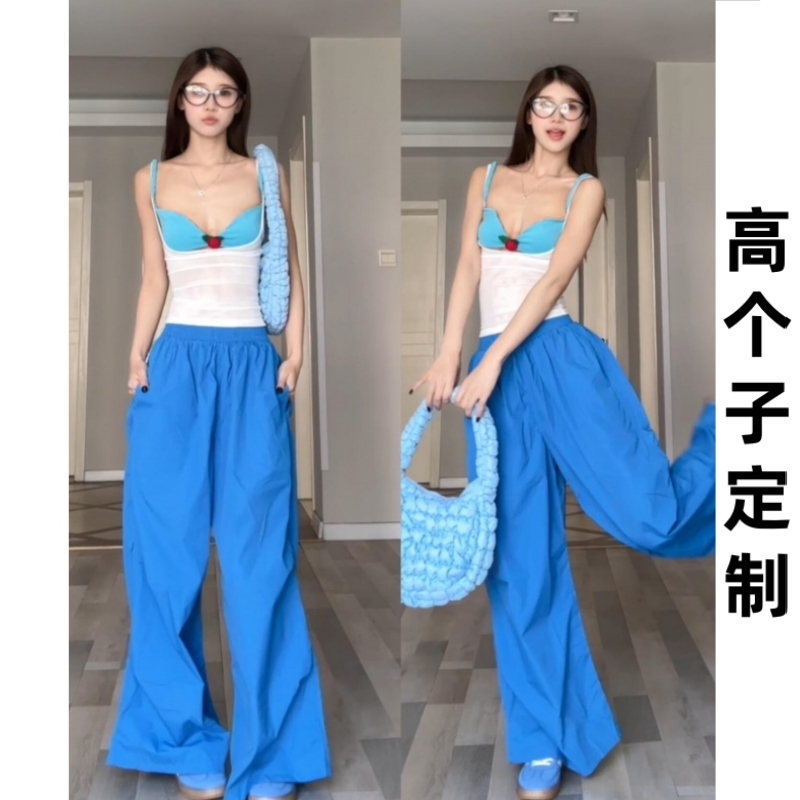 180高个子175加长蓝色休闲阔腿女夏季薄款美式透气超长休闲运动裤