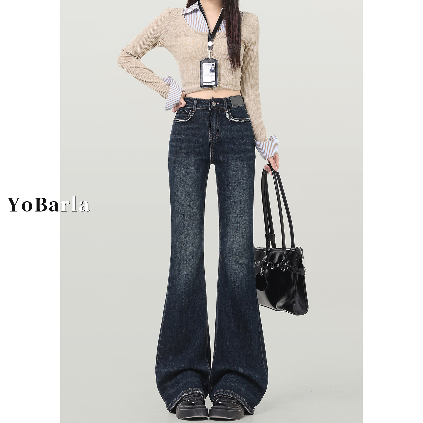 深蓝色微喇牛仔裤女秋冬新款大码胖mm高腰显瘦梨形身材弹力马蹄裤