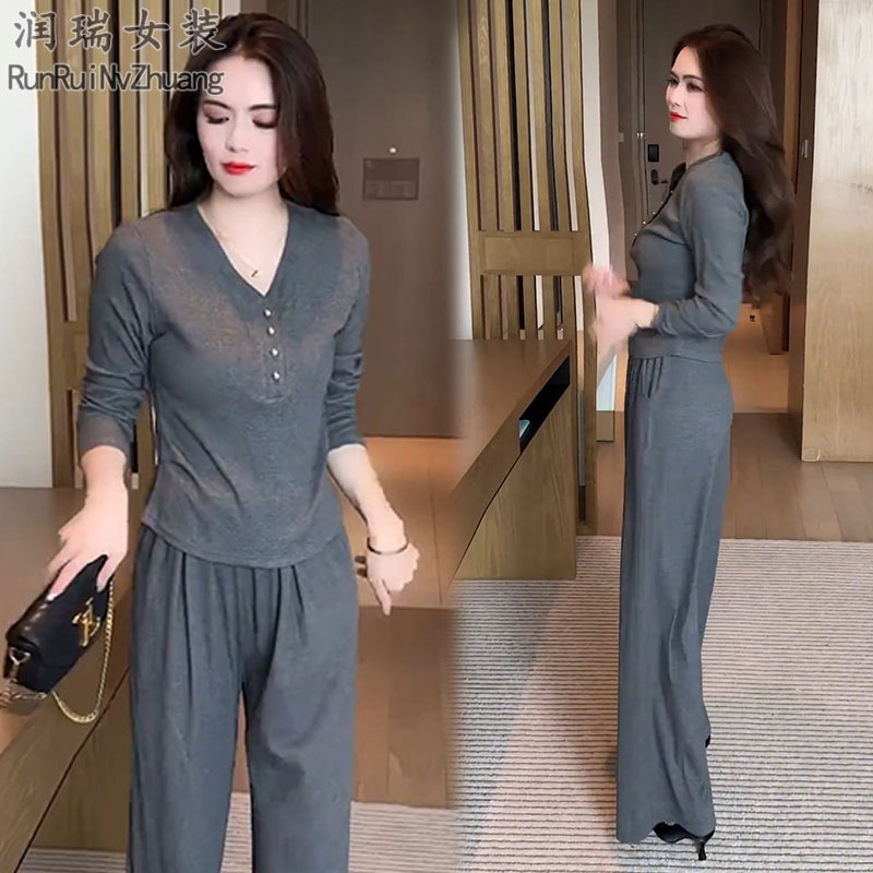 极简风时尚套装女2025秋季新款小个子长袖T恤阔腿裤休闲两件套潮