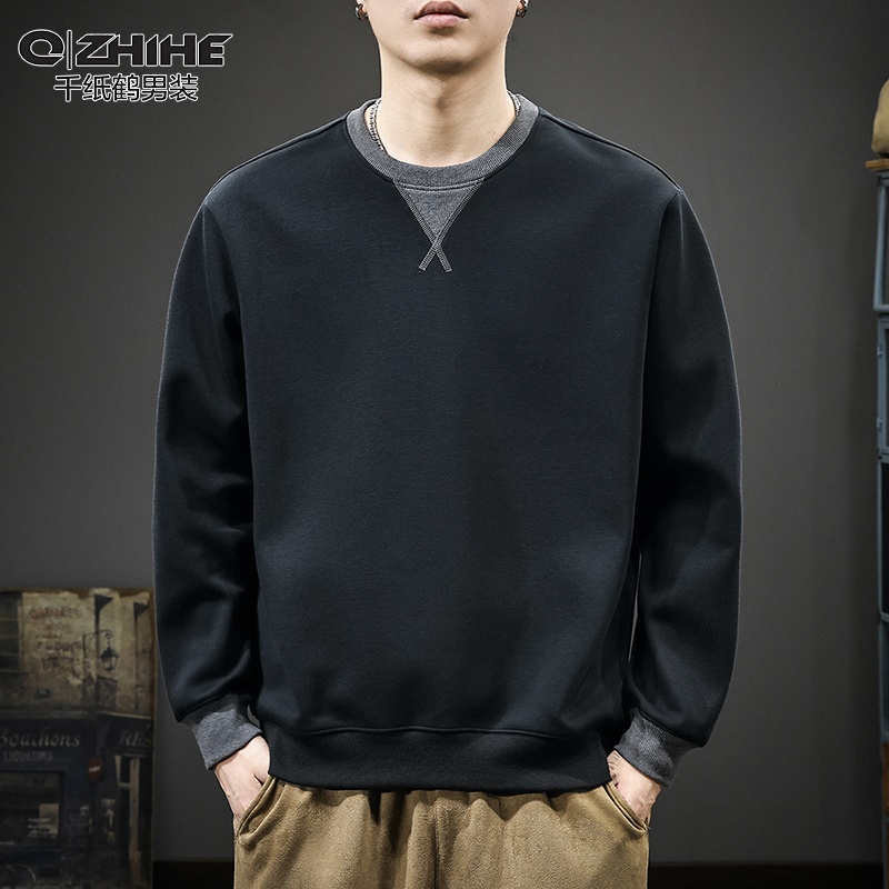 QZHIHE/千纸鹤秋季设计感拼色圆领卫衣男宽松美式休闲套头上衣