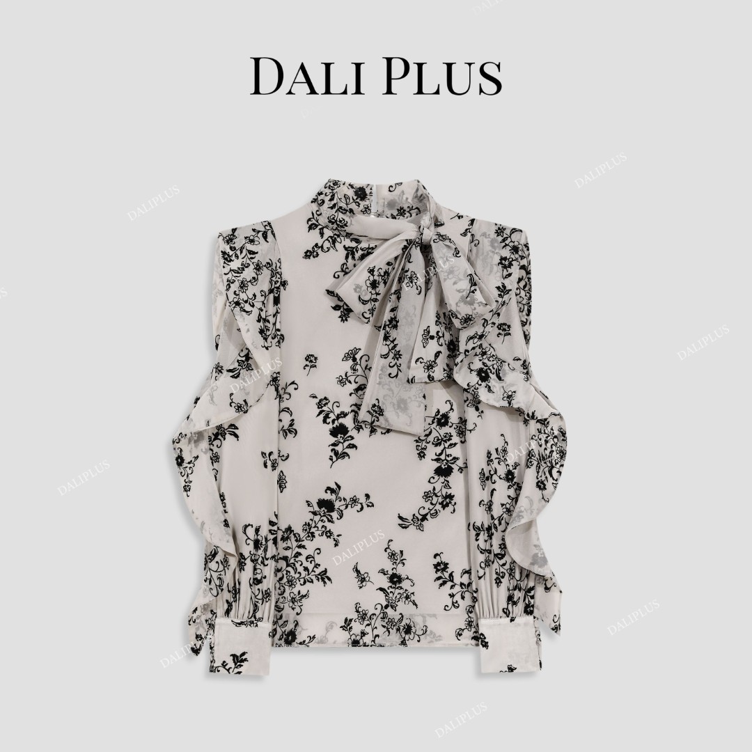 DALI PLUS优雅复古 水墨花卉荷叶边飘带衬衫-D5DD1007