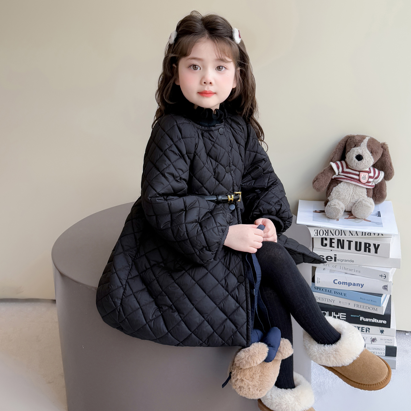 女童韩版菱格纹棉服秋冬时髦收腰显瘦保暖棉服女孩中长款裙式棉服