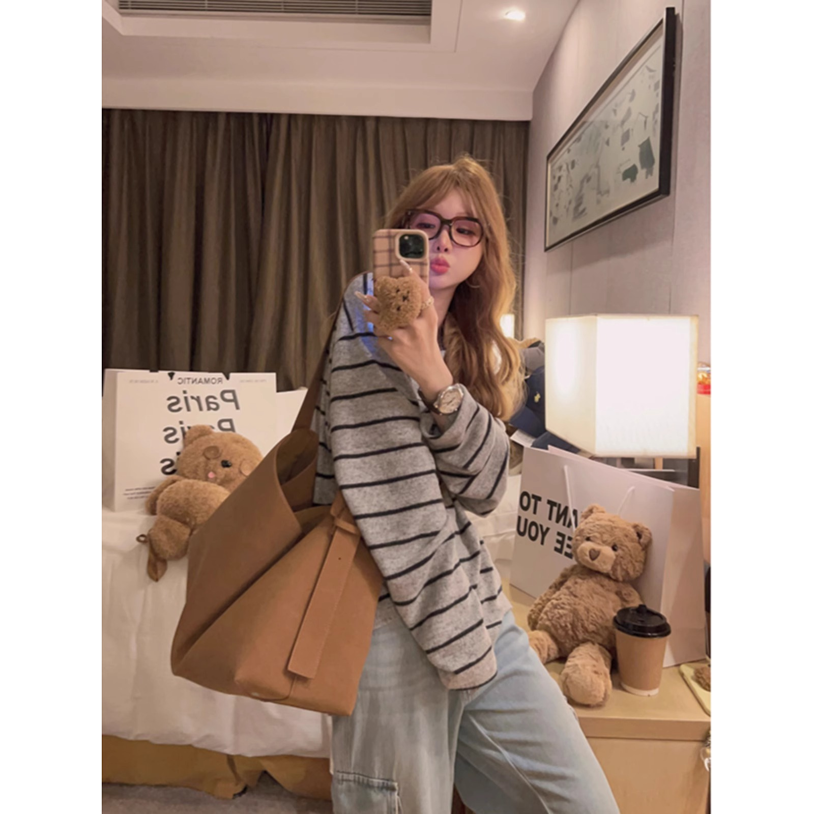 后包领浅灰色条纹长袖内搭T恤女慵懒风宽松加厚打底衫t恤设计感