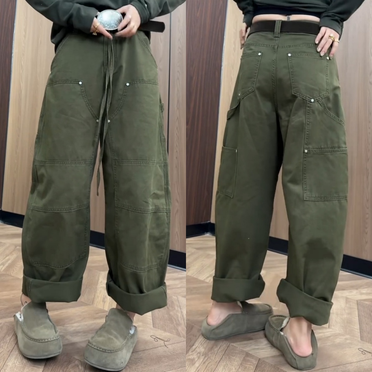 景倩妮军绿色设计感弯刀牛仔裤2025年冬季新款加绒显瘦窄版阔腿裤