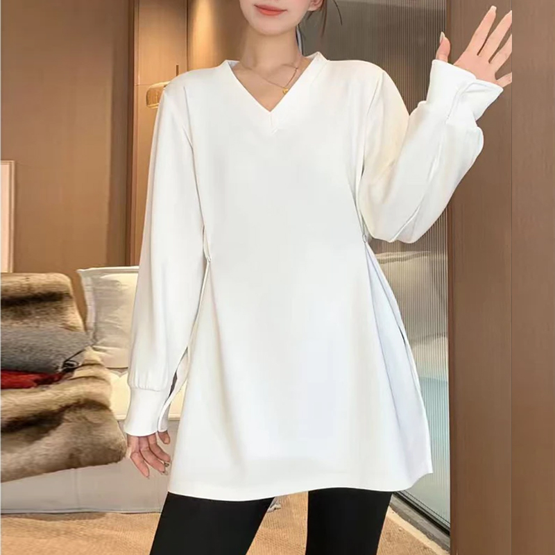 慵懒风纯色V领宽松大版胖MM长袖T恤女2025秋冬季休闲百搭加绒上衣