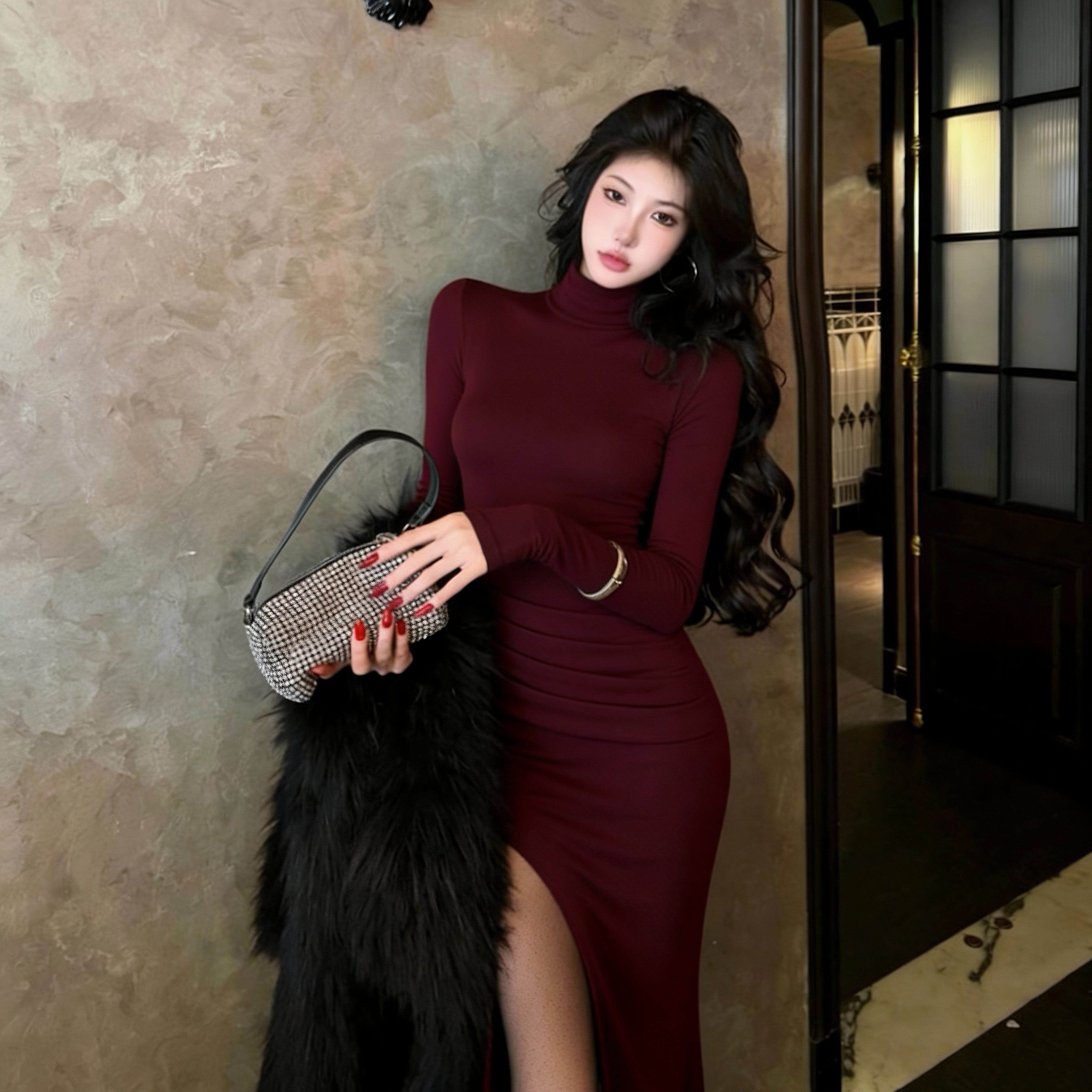 instahot 纯欲高领修身显瘦气质长裙秋冬内搭连衣裙褶皱包臀裙