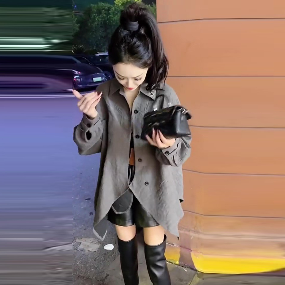 6089时尚不规则翻领长袖衬衫女早春新款设计感别致宽松中长款上衣