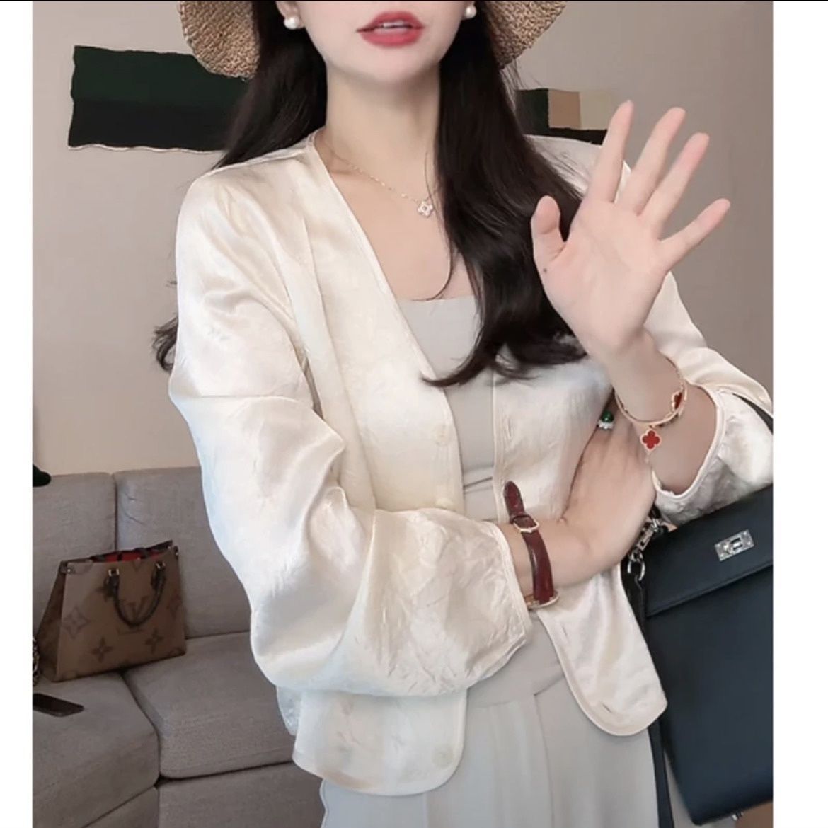 丝光缎纯色夏季新款短外套开衫新中式休闲薄款上衣缎面防晒