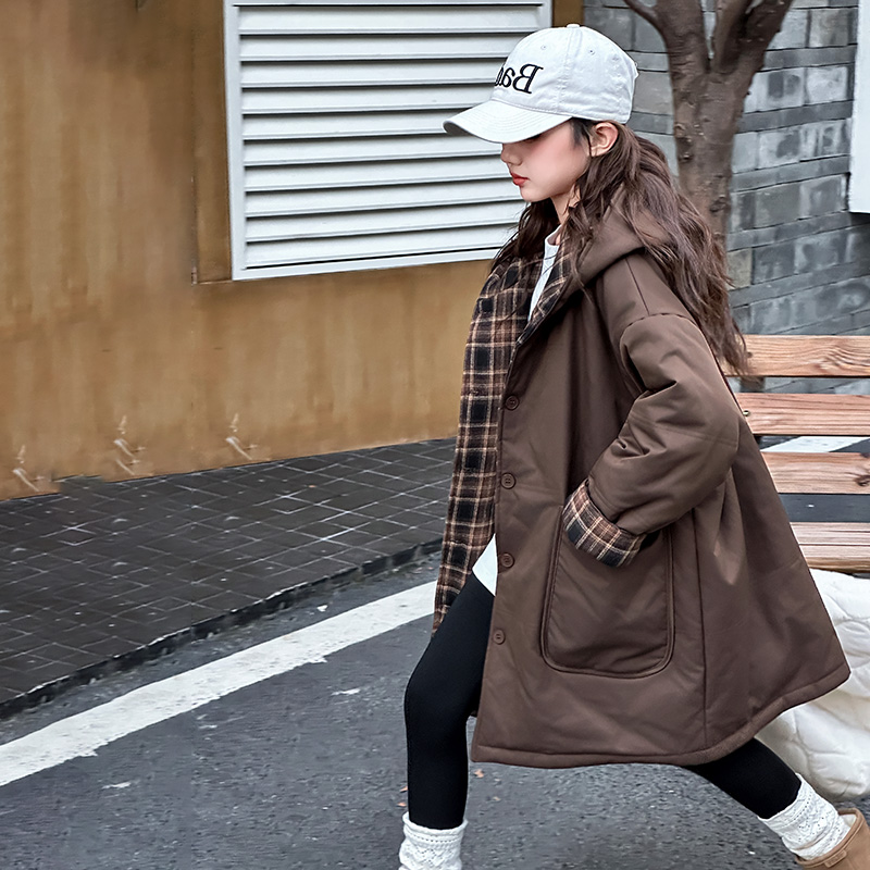 女童冬季棉衣2025新款韩版宽松中长款连帽双面穿棉袄中大童洋气潮