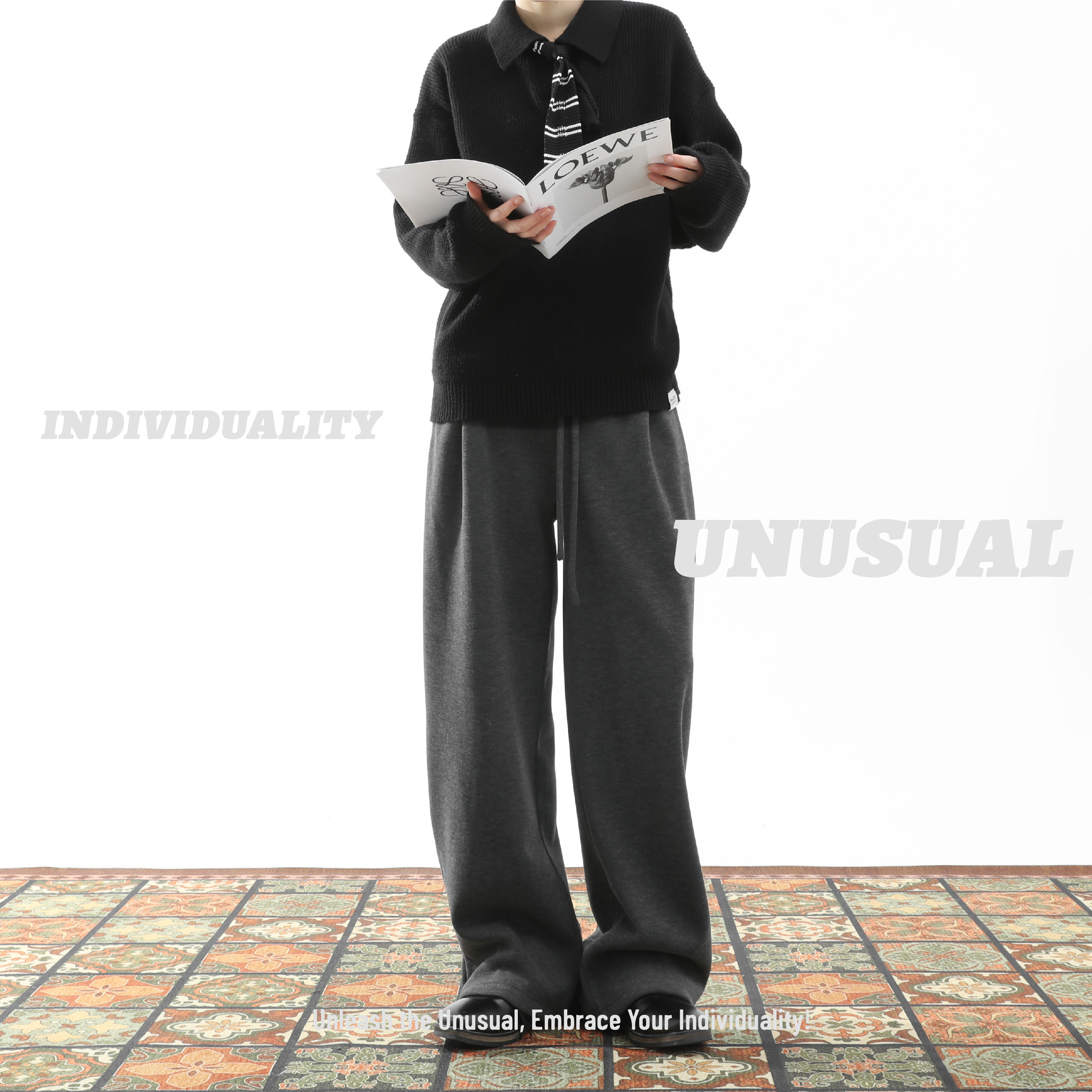 Unusual秋冬羊毛醋酸卫裤口粮神裤A字阔腿微喇磨毛cleanfit休闲裤