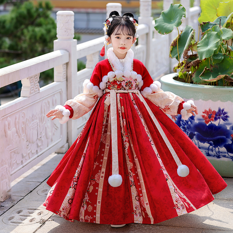 99608JR汉服女童中国风冬款加绒长袖襦裙装古风唐装连衣公主裙子