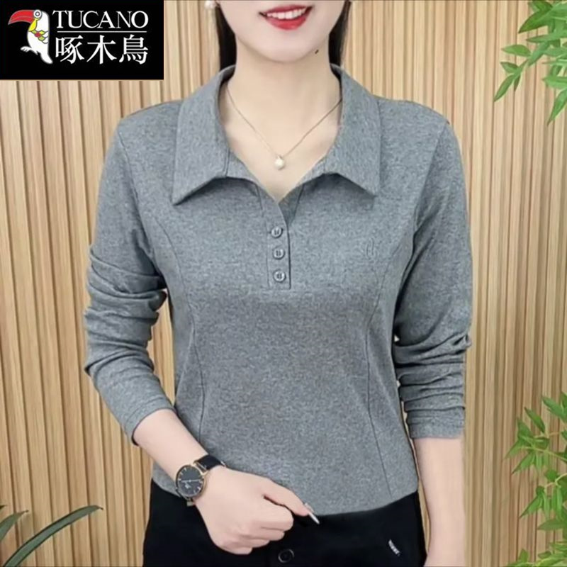 啄木鸟纯色翻领显瘦百搭T恤2025新款春秋修身时尚女士设计感上衣