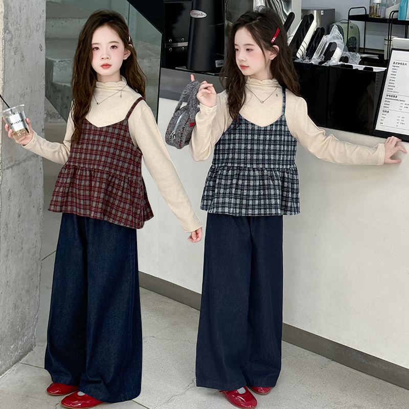 2025女童套装秋季洋气韩版儿童格子吊带打底衫牛仔裤三件套春秋装