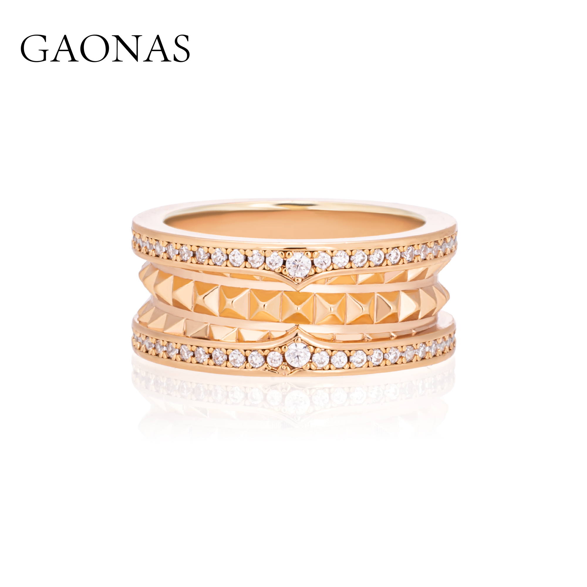 GAONAS 镀K金合成锆石戒指 时尚菱格纹金色戒指11647JRG