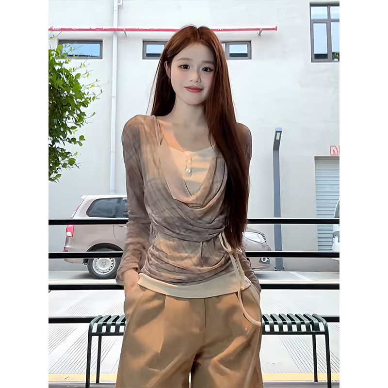 大码甜辣妹荡领长袖t恤女微胖mm腰显瘦上衣早秋通勤穿搭叠穿套装