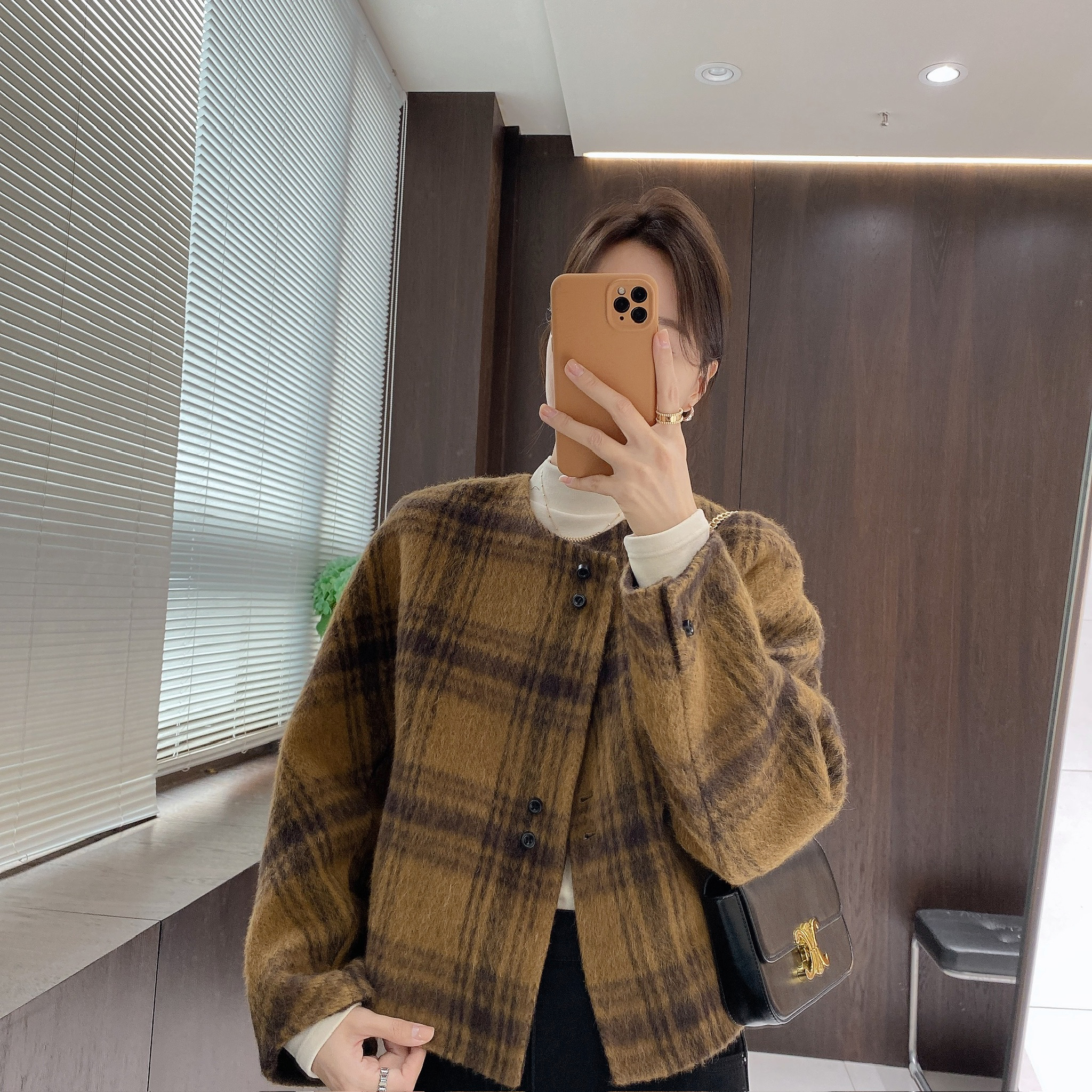 IMFLY金小金自制女装 绵羊毛外套DYW9986秋冬韩系格纹毛呢外套