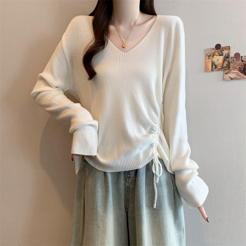 高级感黑色V领正肩针织衫女2025秋冬新款大码胖mm不规则抽绳上衣