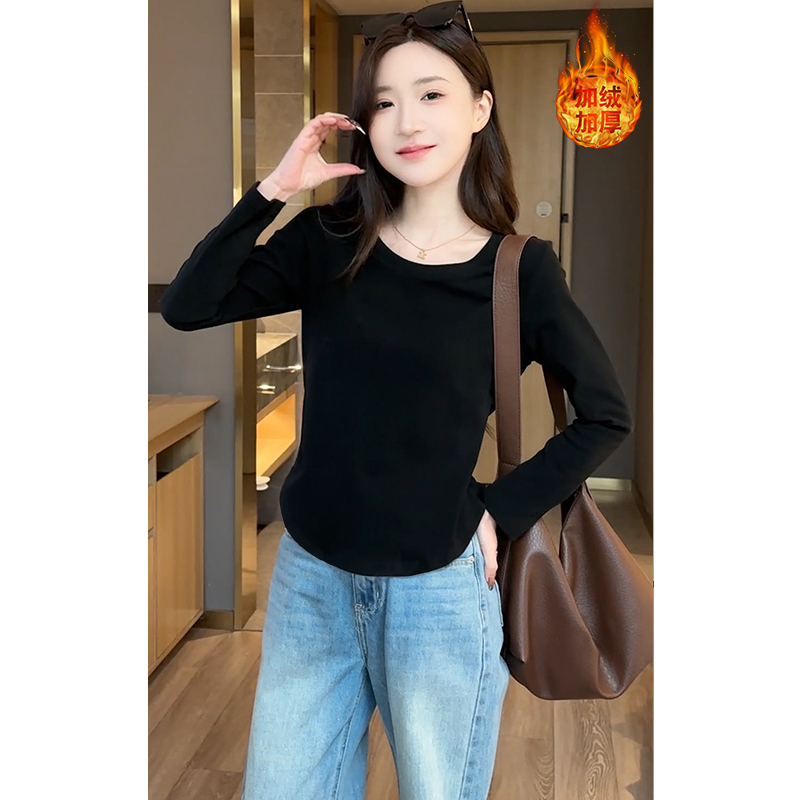 25年秋冬圆领正肩宽松双面磨毛打底衫女加绒加厚长袖T恤保暖内搭