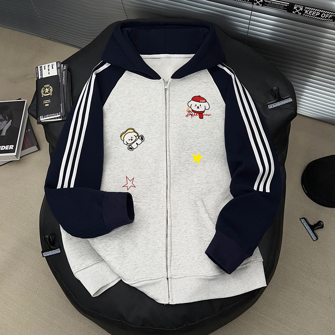 美式小狗星星印花卫衣秋冬季百搭拉链外套男女拼接三条杠连帽开衫