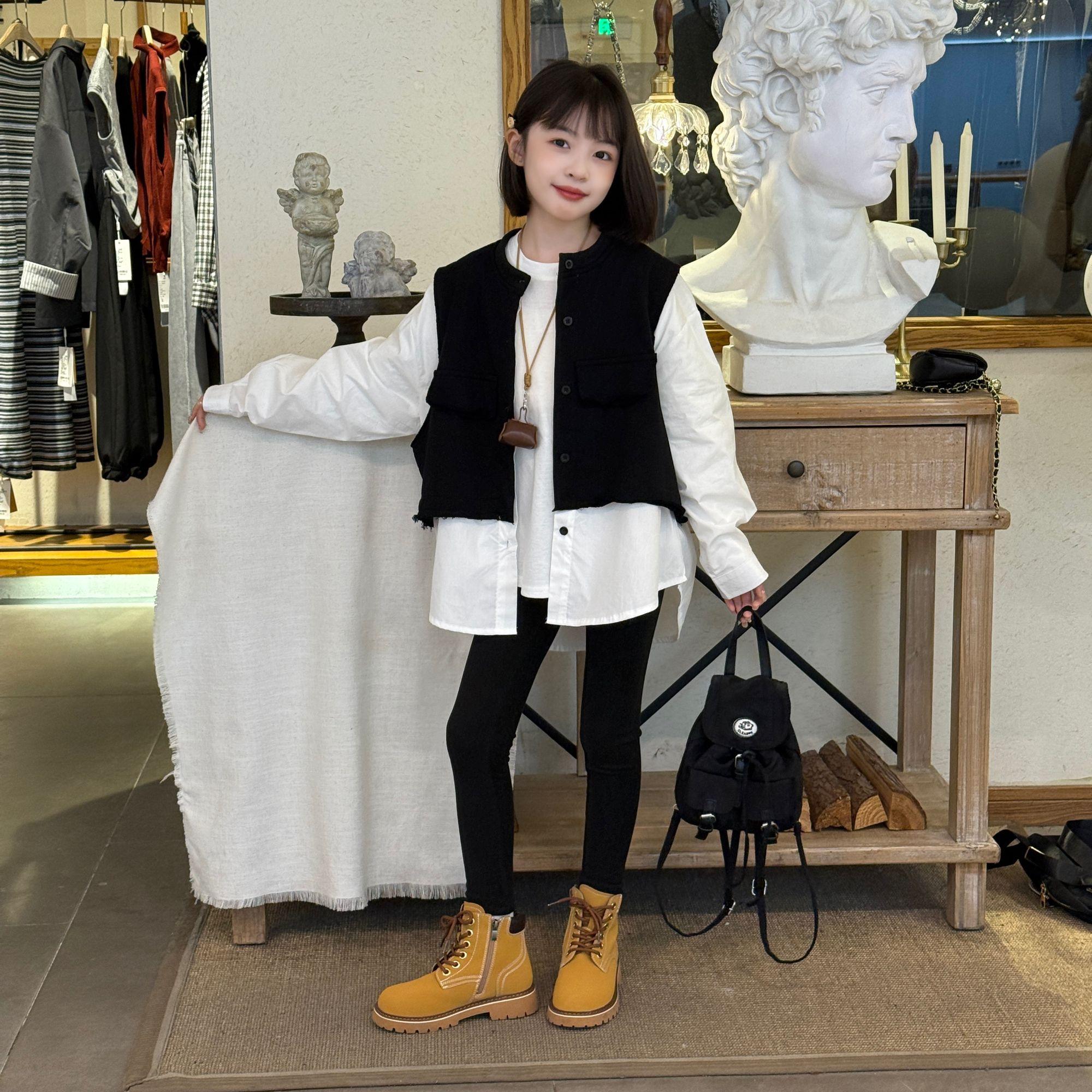 女童2025春秋新款高级感甜酷时尚宽松百搭假两件马甲衬衣三件套潮