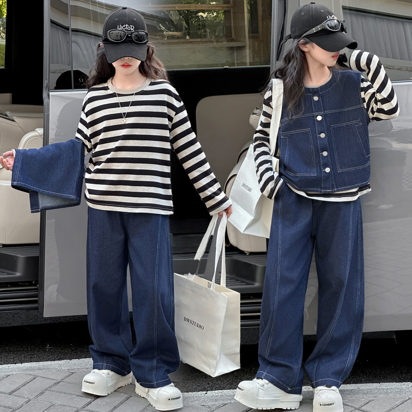 女童秋装娃娃衫套装儿童2025春秋新款大童春季牛仔马甲洋气四件套