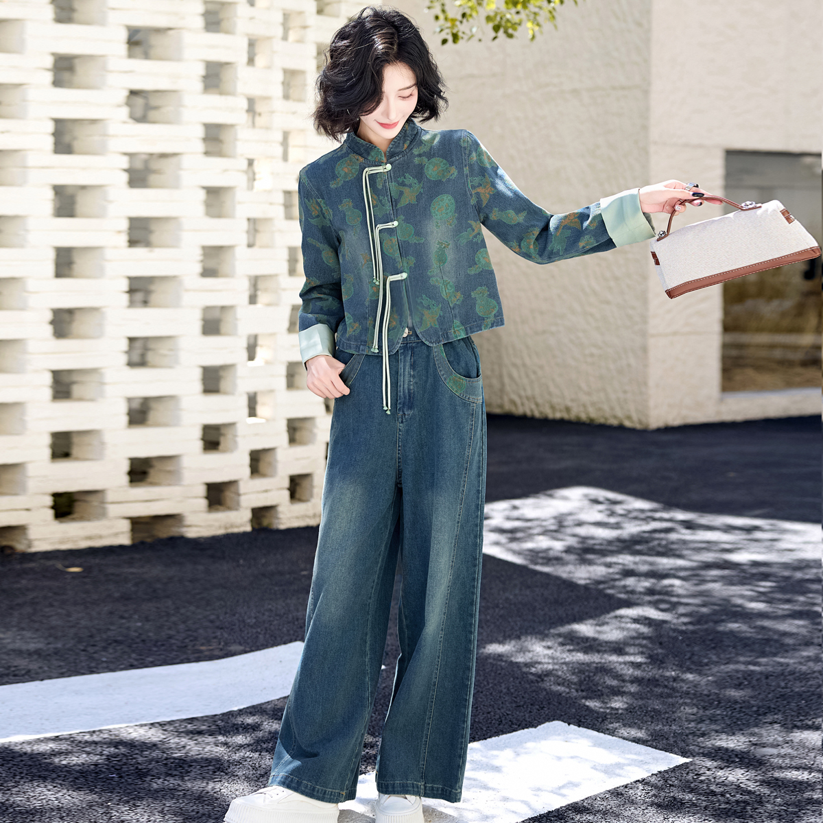 新中式显瘦气质牛仔套装女2025秋新款阔腿裤两件套橘子树在哪儿