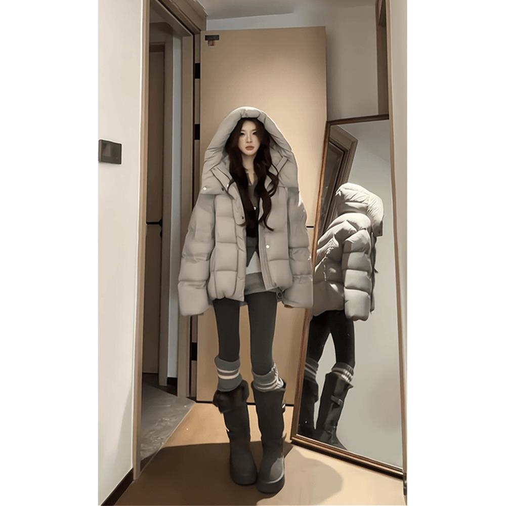 女秋冬保暖加厚超好看棉服棉袄外套韩系灰色高级感连帽宽松面包服