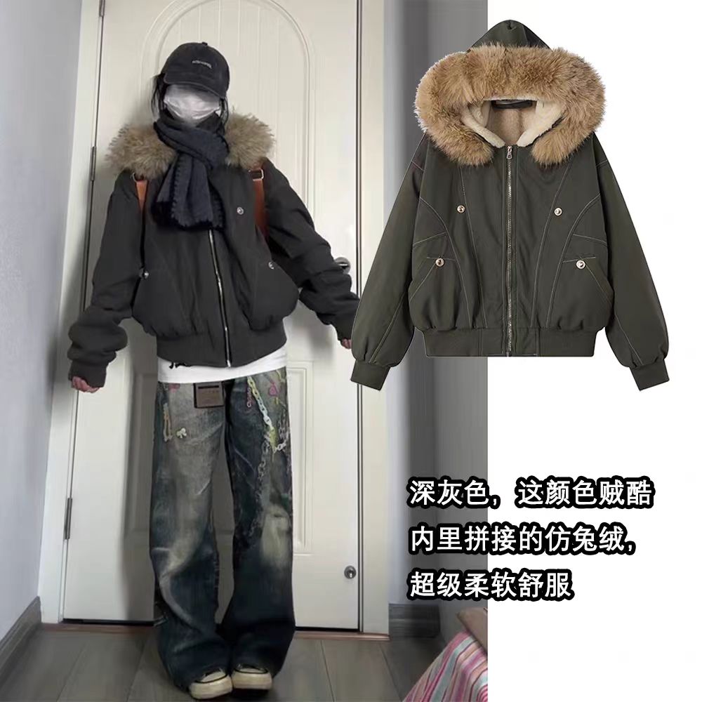 座山雕派克棉服女2025新款加绒加厚冬装棉袄美式工装短款外套棉衣