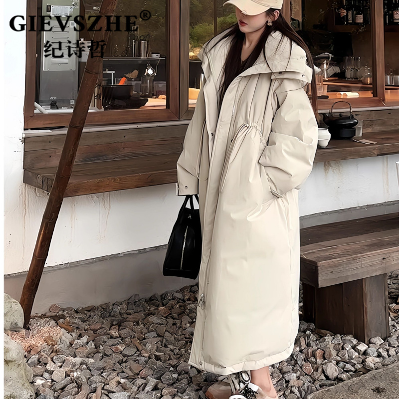 纪诗哲抗寒过膝慵懒羽绒服女百搭宽松气质长款白鸭绒风衣风衣外套