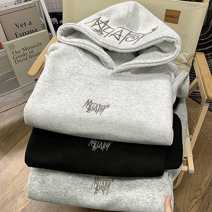 重磅加绒刺绣连帽卫衣男女hiphop秋冬款高街情侣印花宽松套头衫
