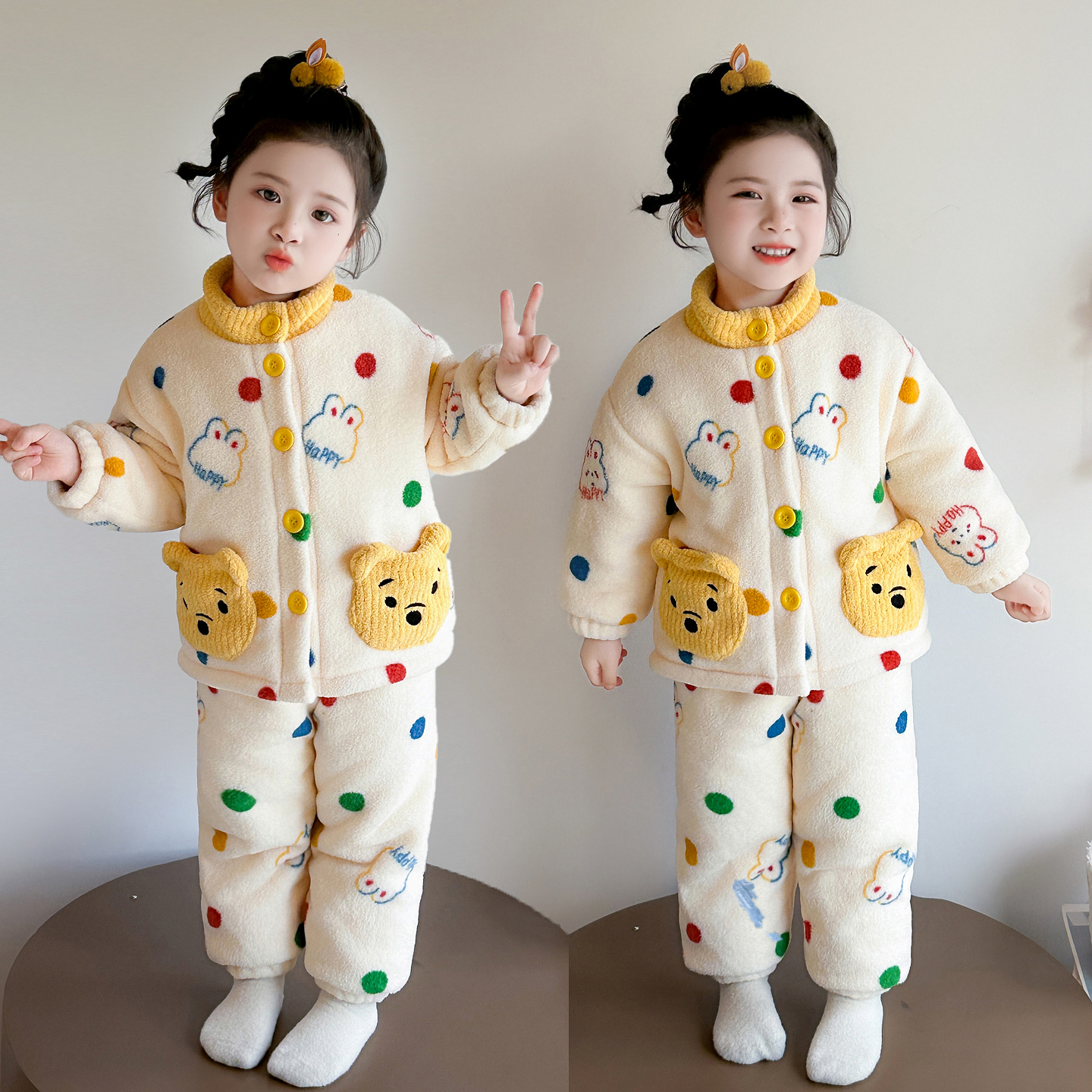 儿童冬季新款维尼熊双层加厚睡衣两件套小女孩可爱加绒家居服毛绒